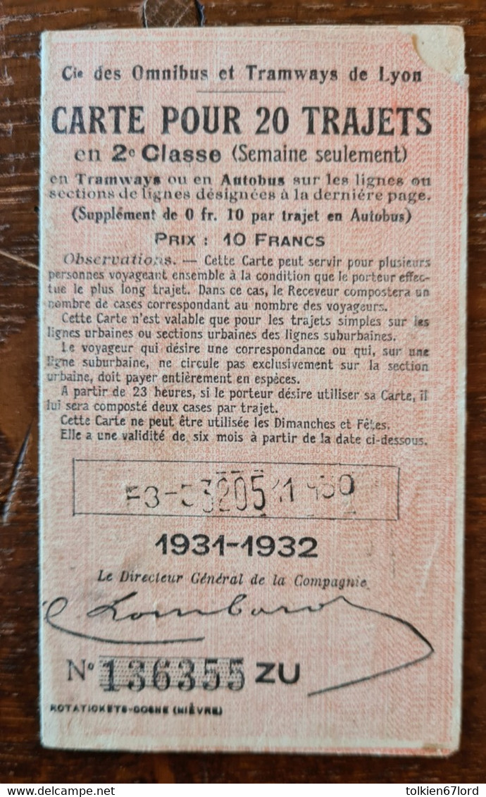 Compagnie Des Omnibus Et Tramways De Lyon Carte Pour 20 Trajets En 2e Classe 1931-1932 - Europe