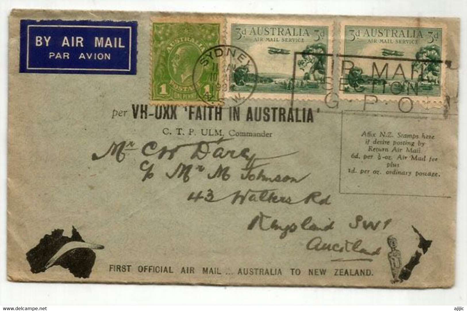 FIRST OFFICIAL AIR MAIL  AUSTRALIA To NEW-ZEALAND. 10 APRIL 1934. SYDNEY To AUCKLAND. (RARE-SCARCE) - Briefe U. Dokumente