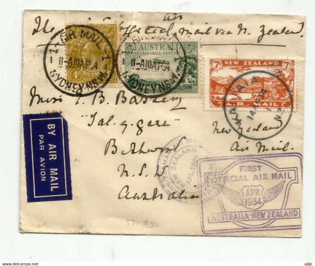 FIRST OFFICIAL AIR MAIL NEW-ZEALAND To AUSTRALIA 10 APRIL 1934. KAITAIA (N-Z)  To SYDNEY  (RARE-SCARCE) - Covers & Documents