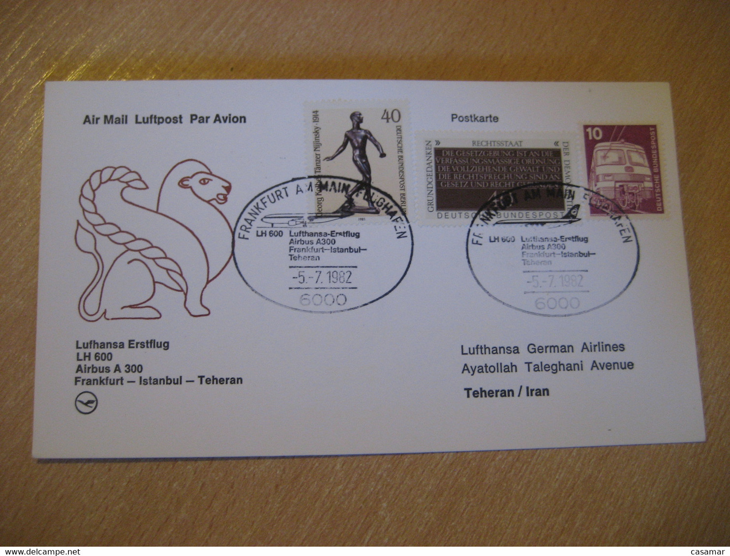 ISTANBUL TEHERAN Frankfurt 1982 LUFTHANSA Airline Airbus First Flight Black Cancel Card TURKEY GERMANY - Storia Postale