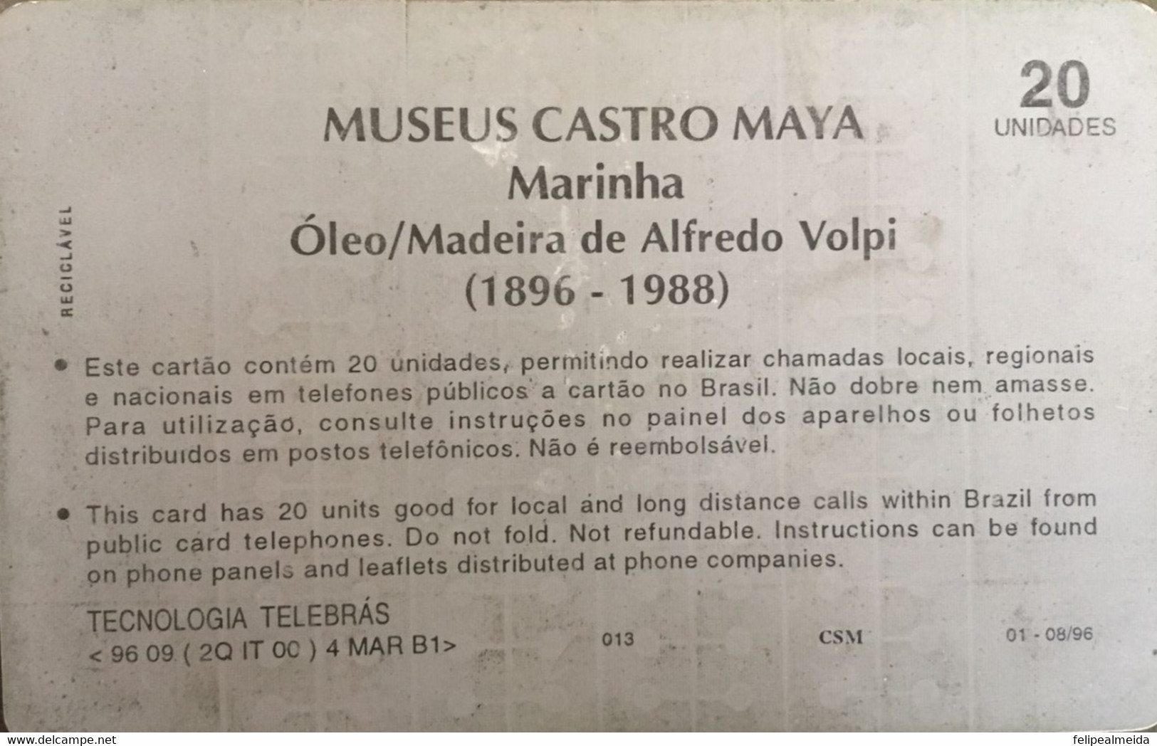 Phone Card Manufactured By Telebras In 1996 - Series Museums - Painting Navy - Painter Alfredo Volpi 1896 To 1988 - Peinture