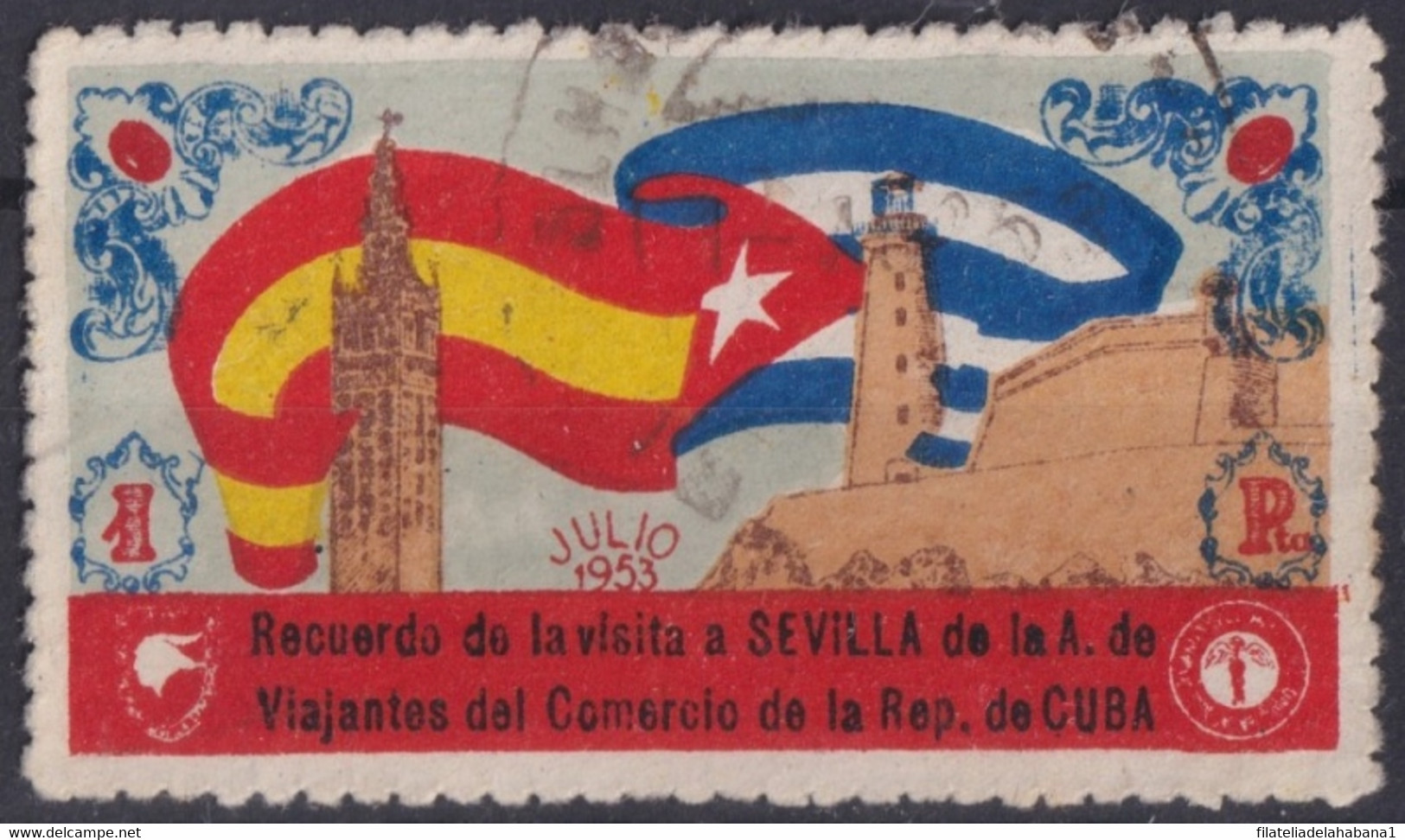 VI-517 CUBA REPUBLICA 1953 CINDERELLA VIAJANTES DEL COMERCIO VISTAN SEVILLA MORRO CASTLE. - Frankeervignetten (Frama)