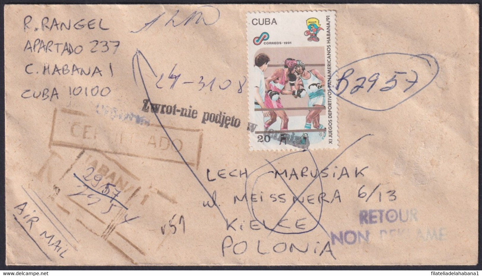 1991-H-1 CUBA 1991 REGISTRED FORWARDED COVER TO POLAND BOXING. - Lettres & Documents