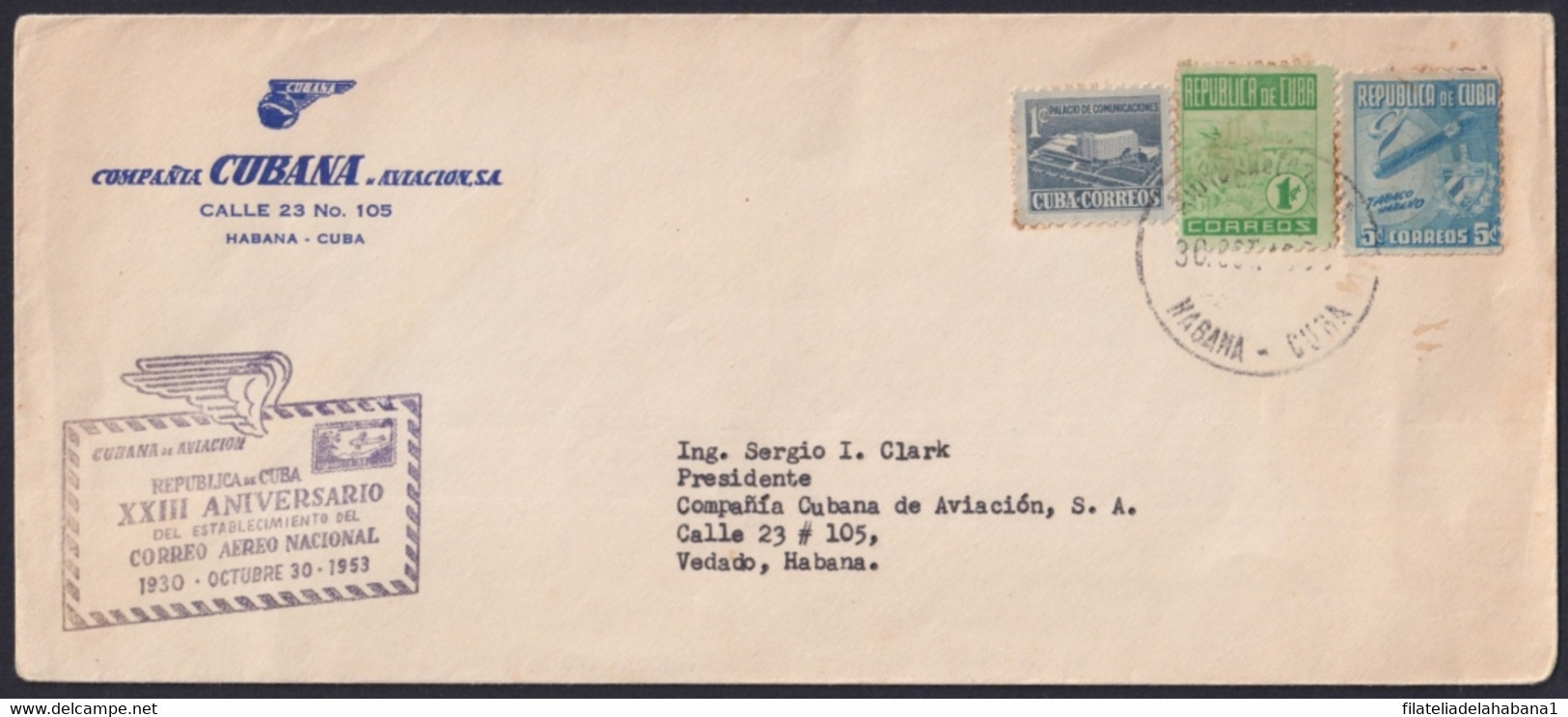 1953-CE-15 CUBA REPUBLICA LG-2142 XXIII ANIV NATIONAL AIR MAIL CANCEL COVER. - Lettres & Documents