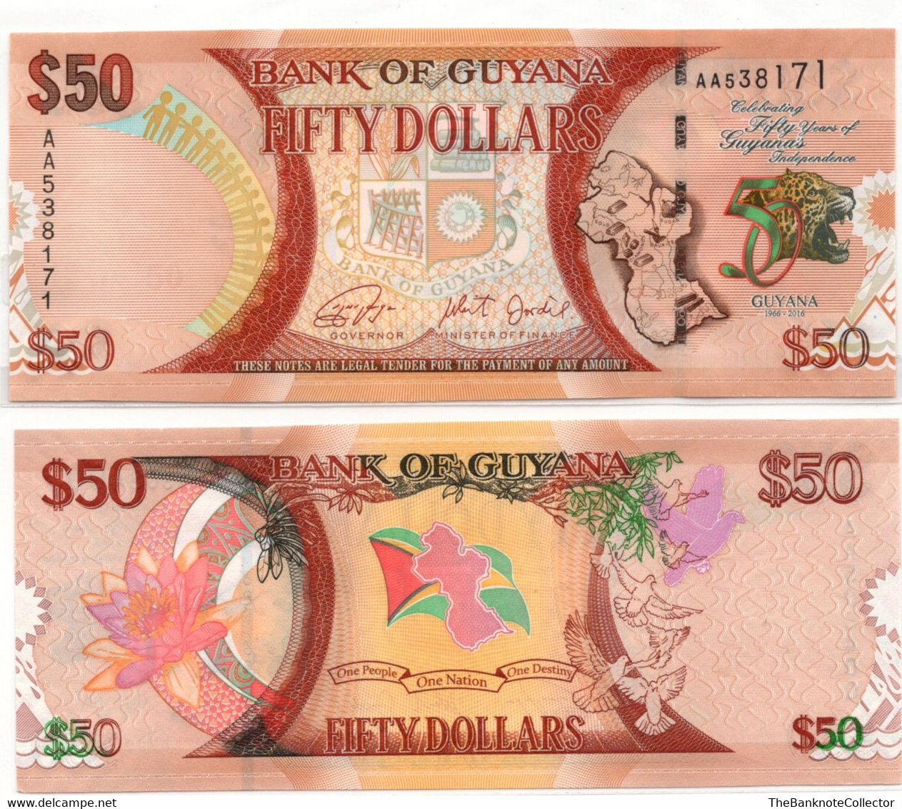 Guyana 50 Dollars 2016 Commemorative 50th Anniversary P-41 UNC - Guyana