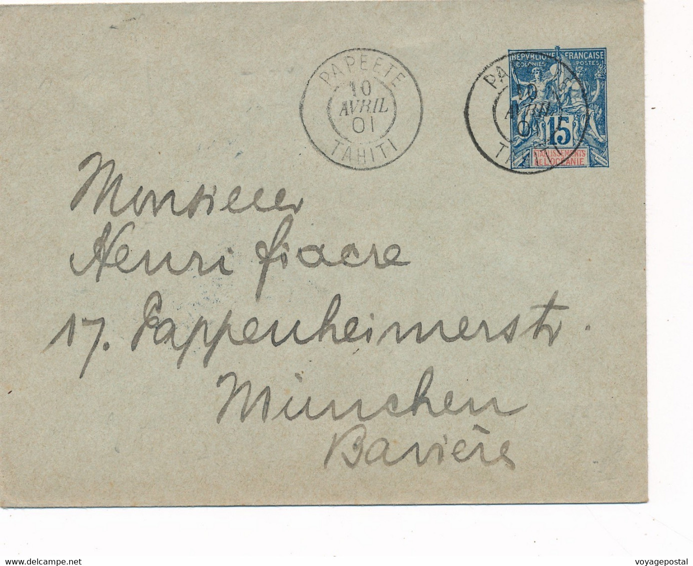 ENTIER POSTAL 15C TAHITI PAPEETE MUNCHEN BAVIERE VIA SAN FRANCISCO OCEANIA - Tahití