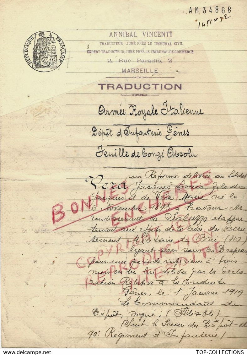 DOCUMENT CONGÉ ABSOLU ARMÉE ROYALE ITALIENNE 1919 Gênes  Italie Traduction De 1931 TEXTE EN FRANCAIS  B.E.VOIR SCANS - Historische Dokumente