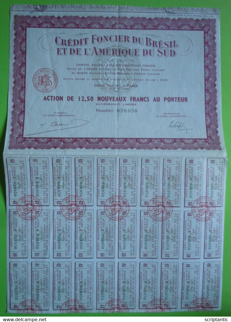 Action CREDIT FONCIER DU BRESIL ET DE L'AMERIQUE DU SUD 12,5 Nouveaux Francs - Banque & Assurance