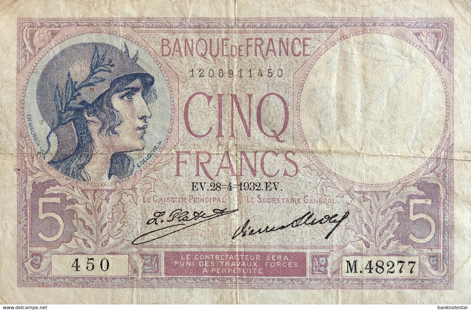 France 5 Francs, P-72d (28.4.1932) - Fine - 5 F 1917-1940 ''Violet''