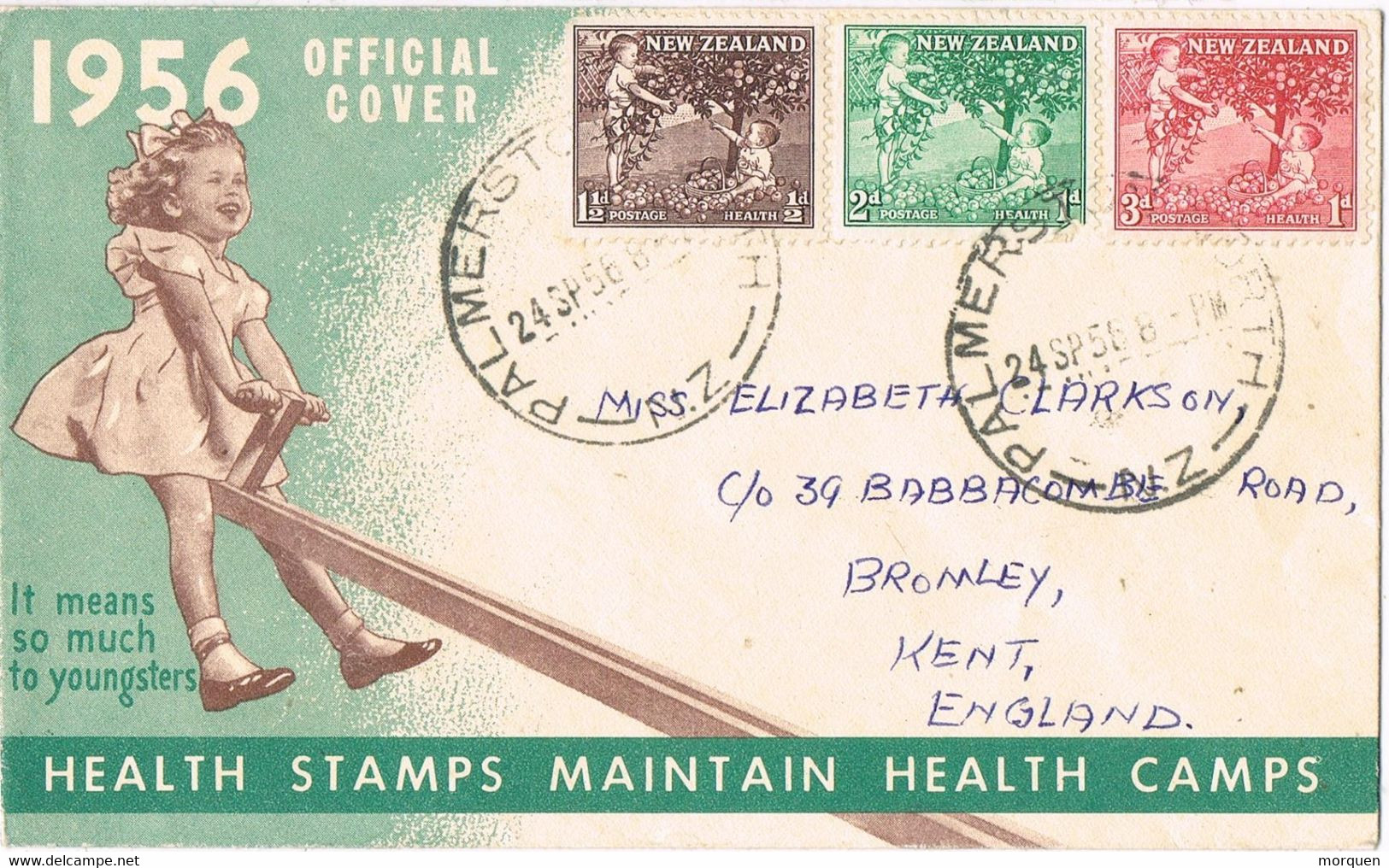 43936. Carta PALMERSTON (New Zealand) 1956. Children's Health Camps - Covers & Documents