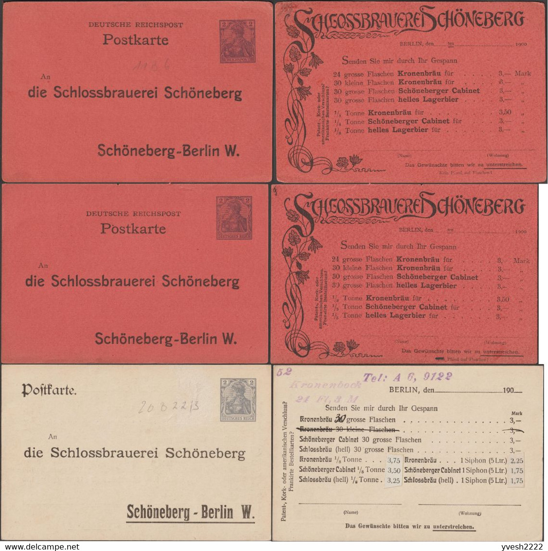 Allemagne 1900. 3 Cartes Publicitaires Entiers TSC. Schlossbrauerei Schöneberg Berlin. Kronenbräu, Schöneberger Cabinet - Bier