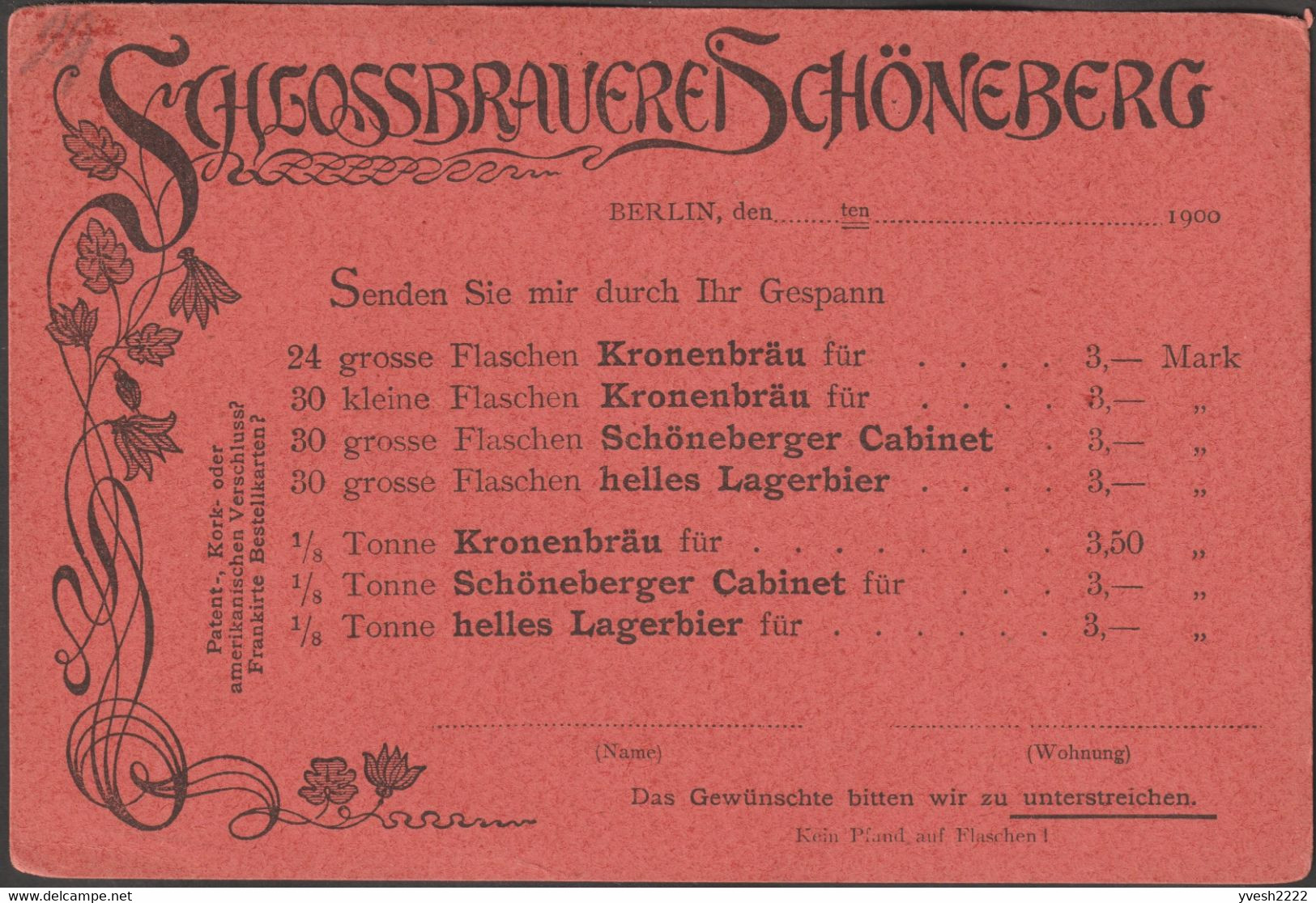 Allemagne 1900. 3 Cartes Publicitaires Entiers TSC. Schlossbrauerei Schöneberg Berlin. Kronenbräu, Schöneberger Cabinet - Bières