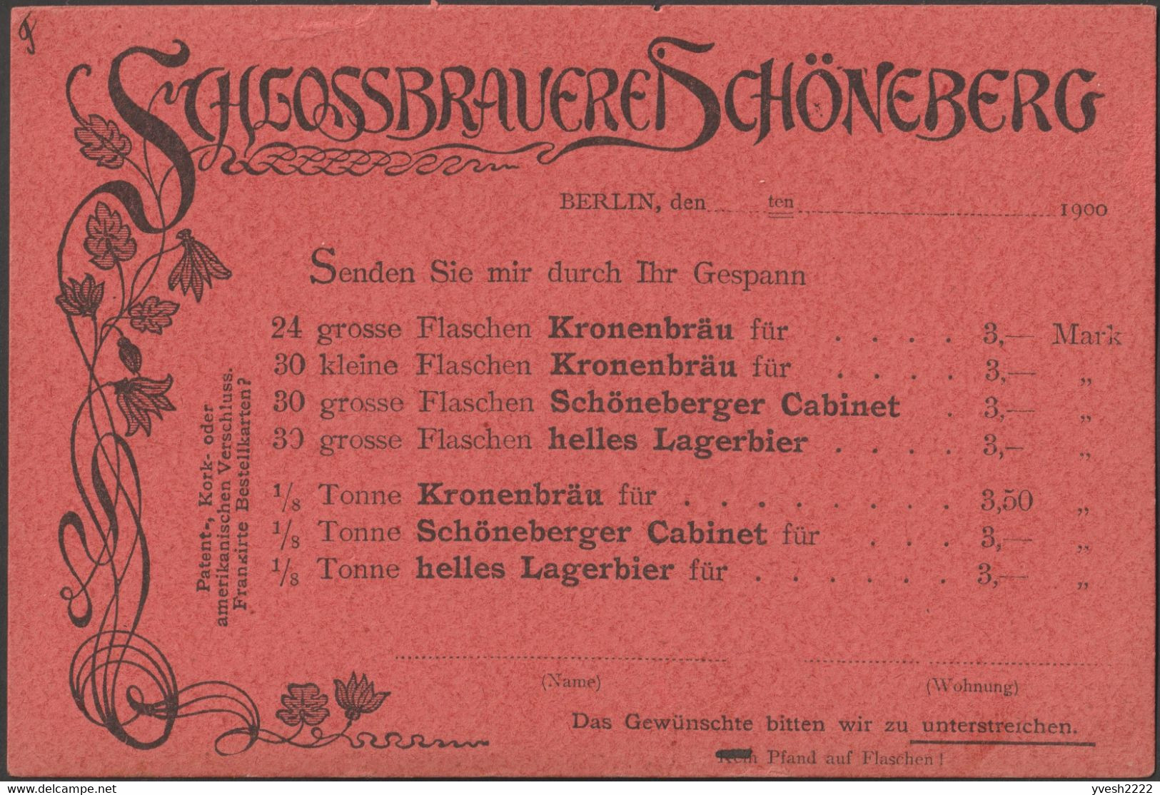 Allemagne 1900. 3 cartes publicitaires entiers TSC. Schlossbrauerei Schöneberg Berlin. Kronenbräu, Schöneberger Cabinet