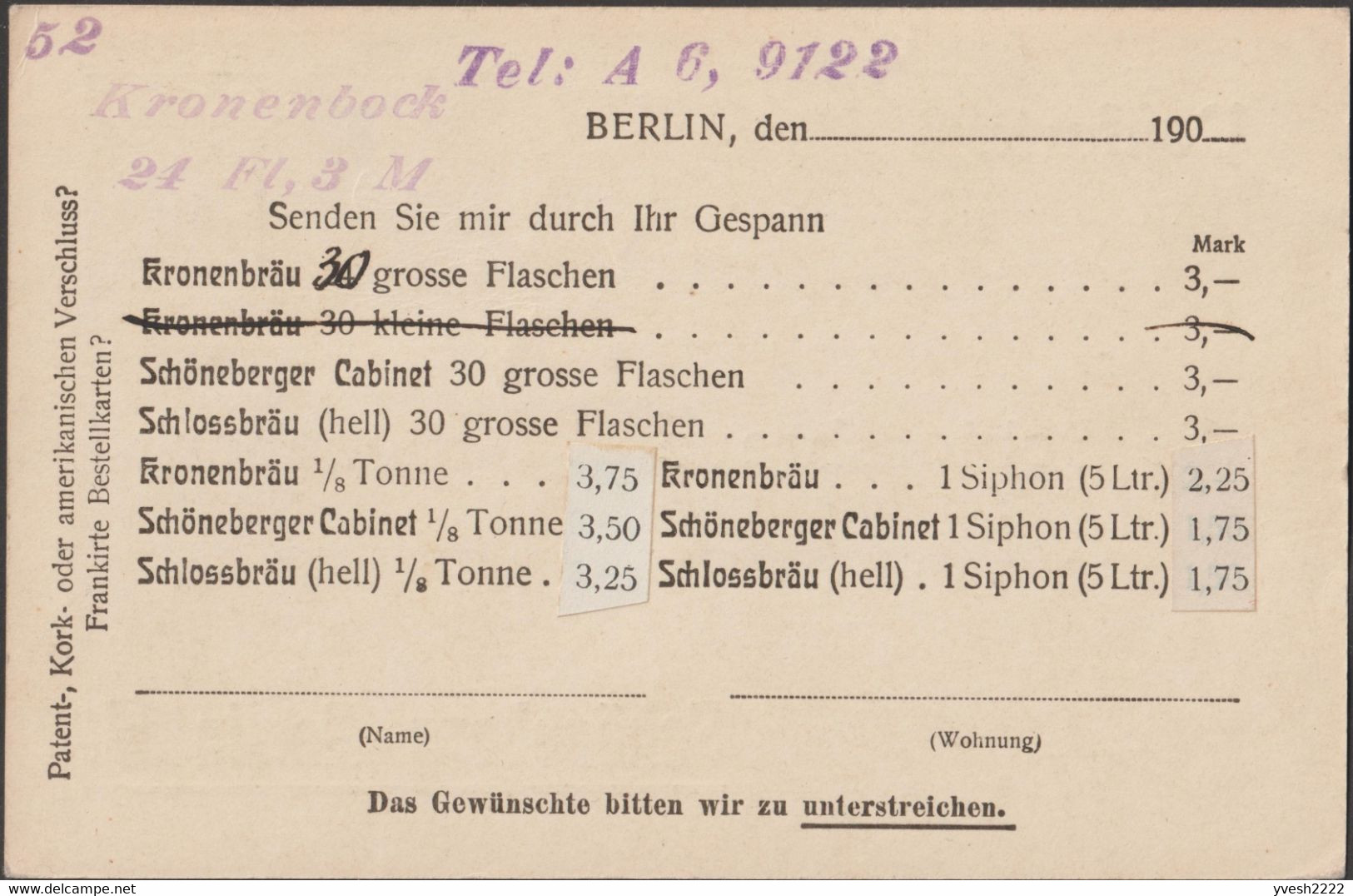Allemagne 1900. 3 cartes publicitaires entiers TSC. Schlossbrauerei Schöneberg Berlin. Kronenbräu, Schöneberger Cabinet
