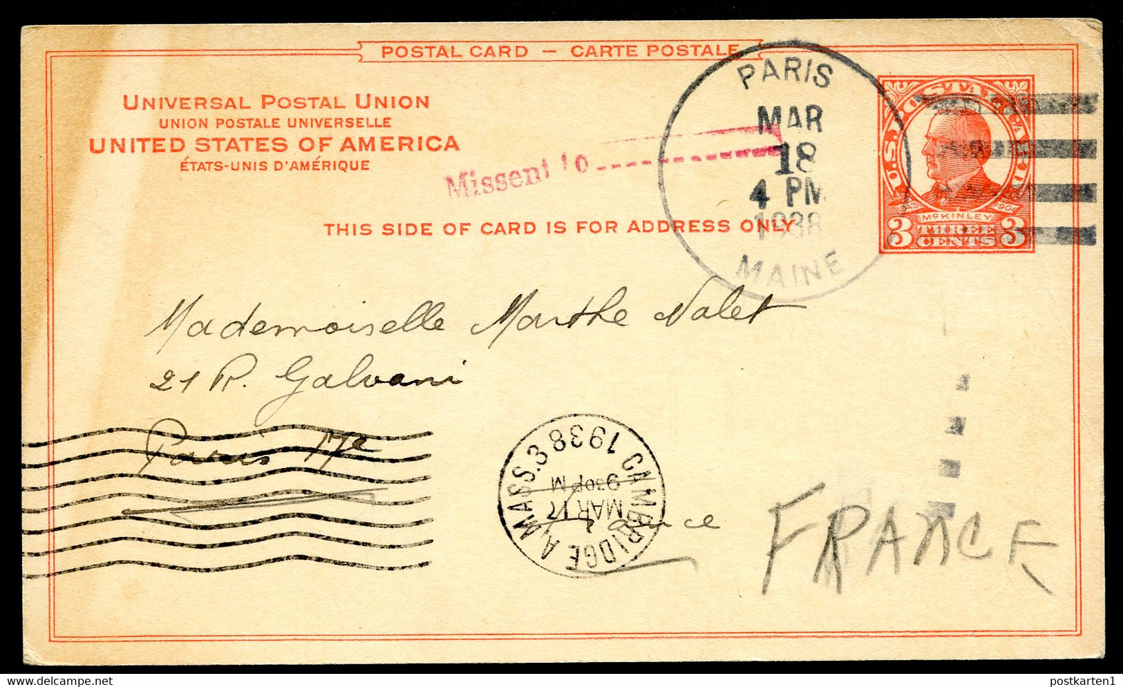 UX37 Postal Card Cambridge MA Used To France MISSENT TO PARIS MN 1938 Cat. $22.00+ - 1921-40