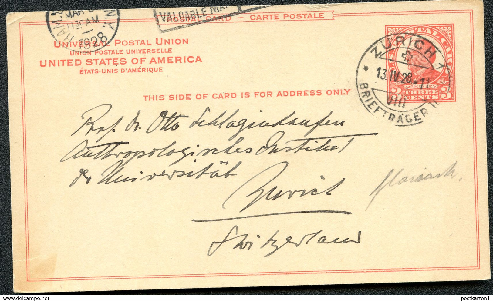 UX37 Postal Card New York NY Used To Switzerland POSTMARK ZÜRICH 1928 Cat. $22.00+ - 1921-40