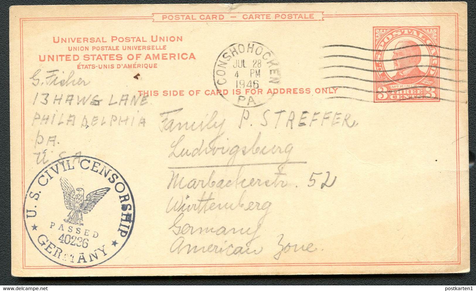 UX37 Postal Card Conshohocken PA To Germany CENSORED 1946 Cat. $22.00+ - 1921-40