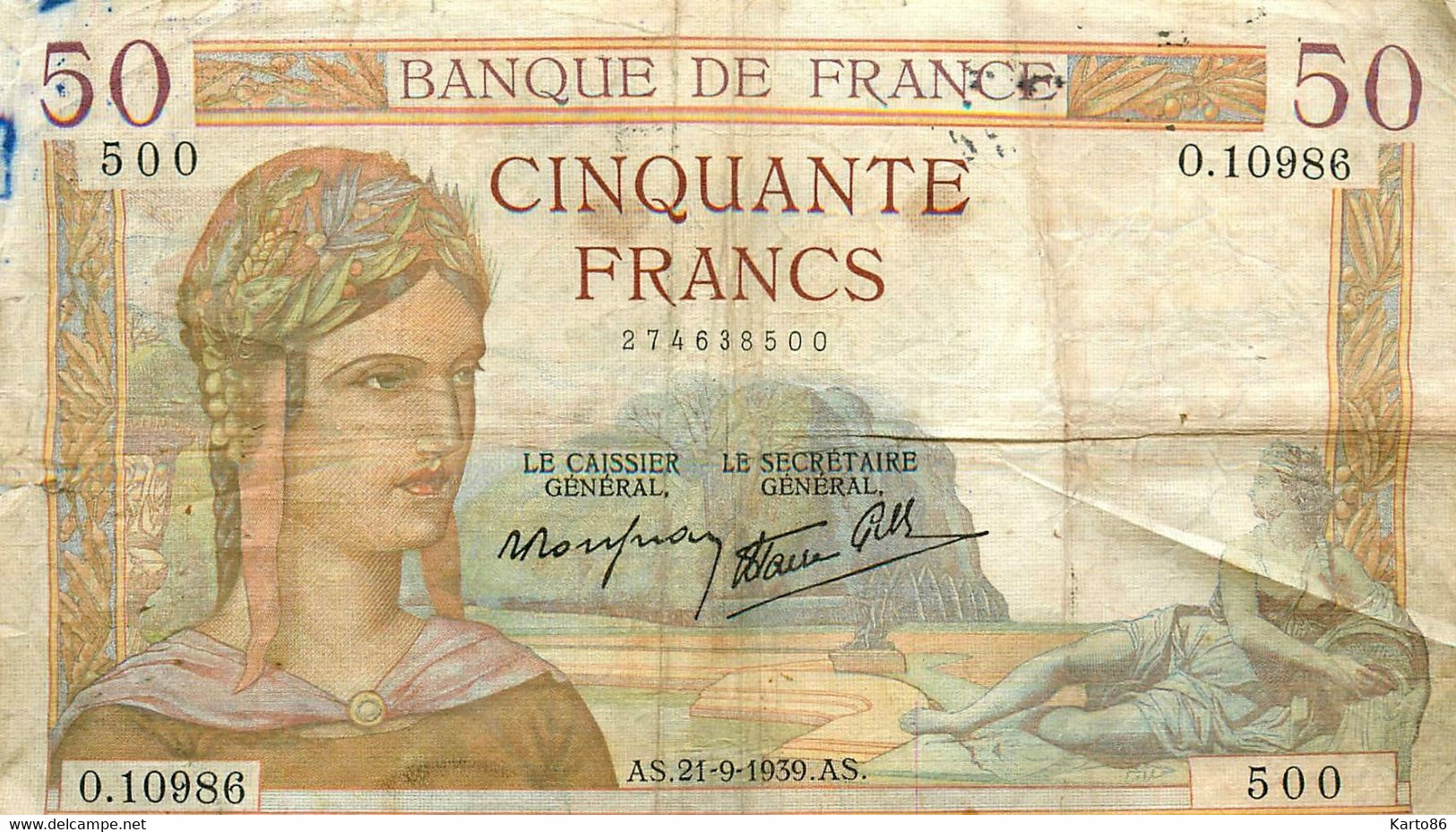 Billet 50 Francs 1939 * Cinquante Francs - 50 F 1934-1940 ''Cérès''