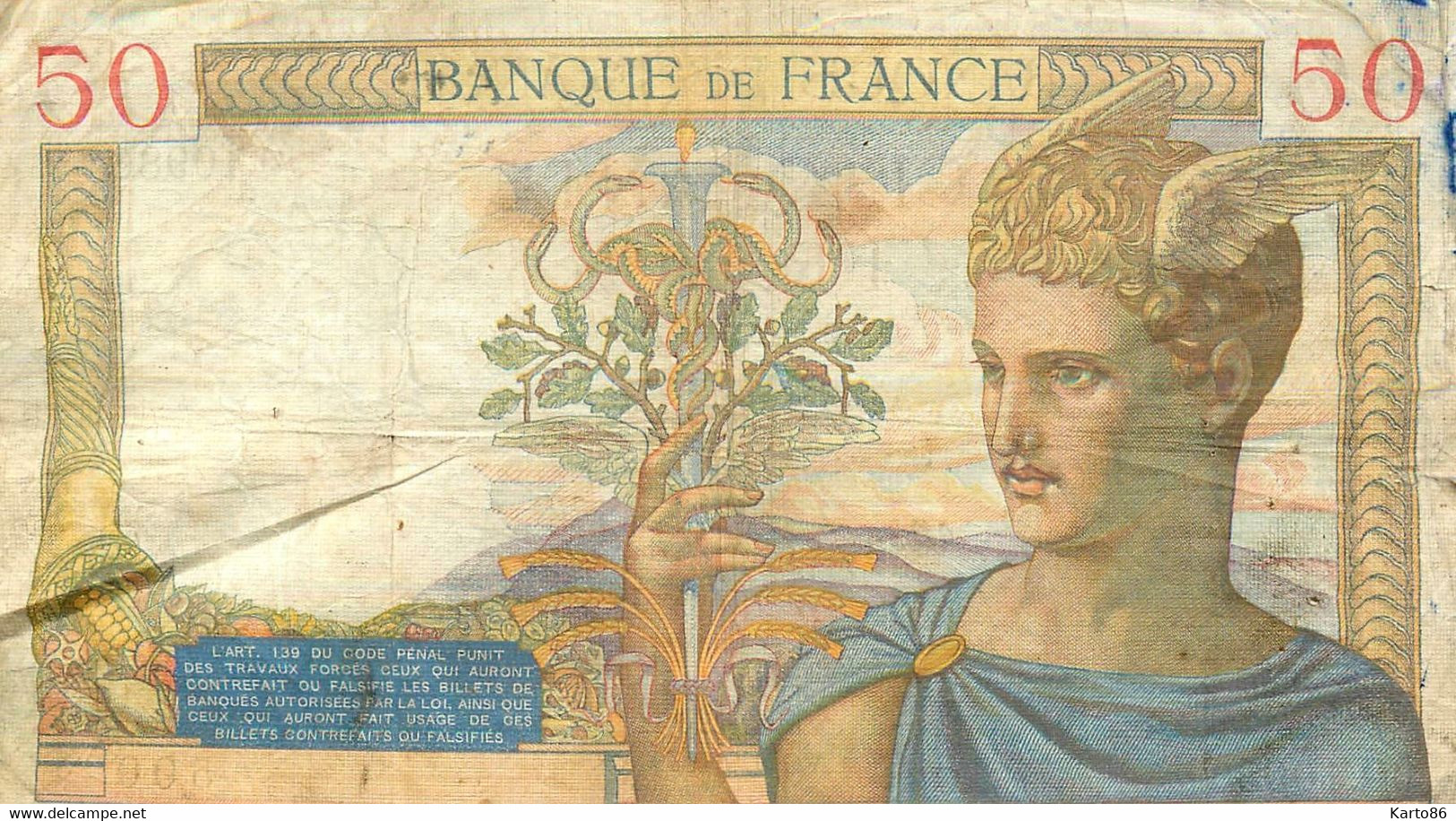 Billet 50 Francs 1939 * Cinquante Francs - 50 F 1934-1940 ''Cérès''