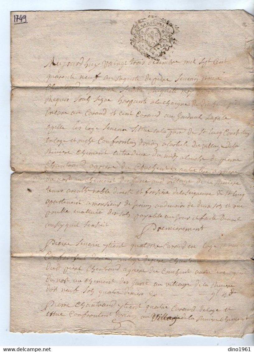 VP19.303 - Cachet De Généralité De LA ROCHELLE - Acte De 1749 - Arpentement - LANDES ? - Timbri Generalità