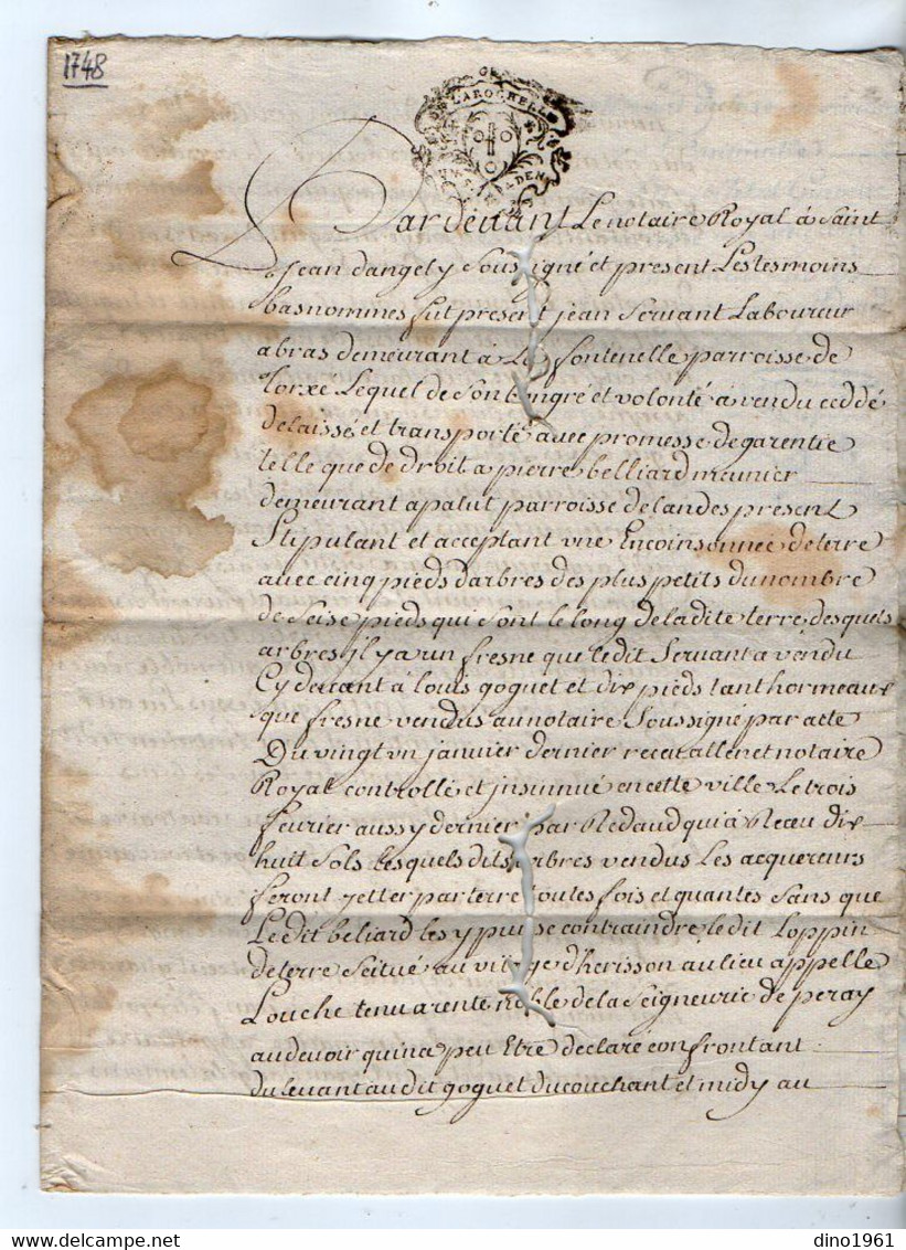 VP19.304 - LA ROCHELLE - Acte De 1748 - Entre Mrs J. SERUANT à TORXE & P. BILLARD Au Moulin De Pallut à LANDES - Seals Of Generality