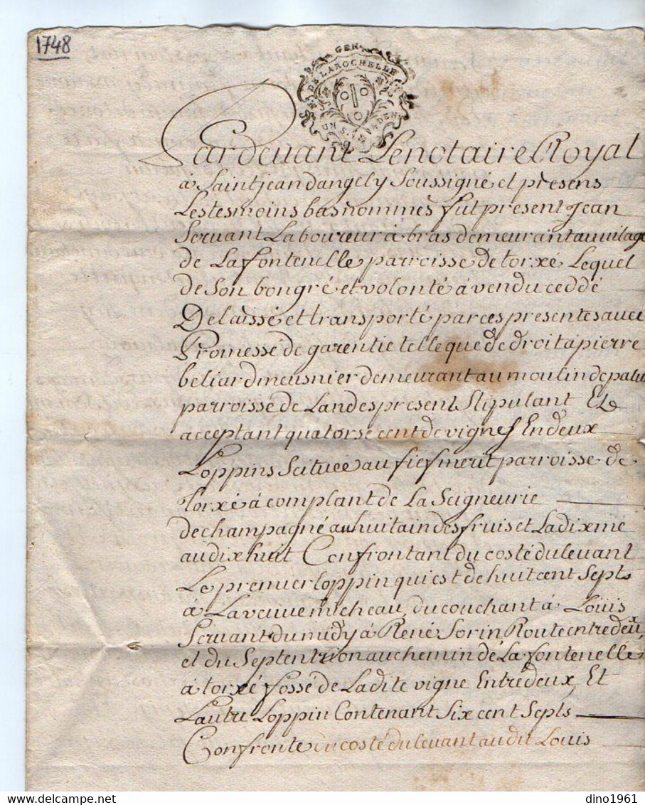 VP19.305 - LA ROCHELLE - Acte De 1748 - Entre Mrs J. SERUANT à TORXE & P. BILLARD Au Moulin De Pallut à LANDES - Gebührenstempel, Impoststempel