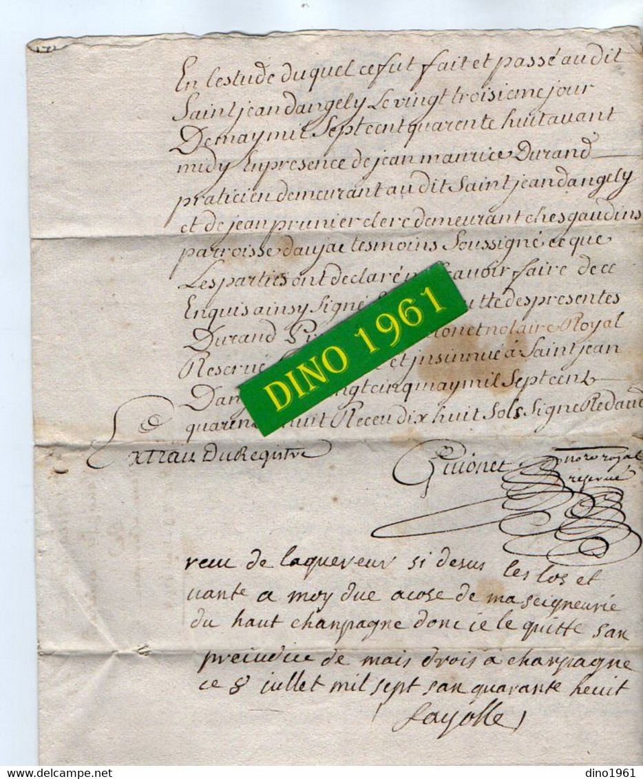 VP19.305 - LA ROCHELLE - Acte De 1748 - Entre Mrs J. SERUANT à TORXE & P. BILLARD Au Moulin De Pallut à LANDES - Cachets Généralité