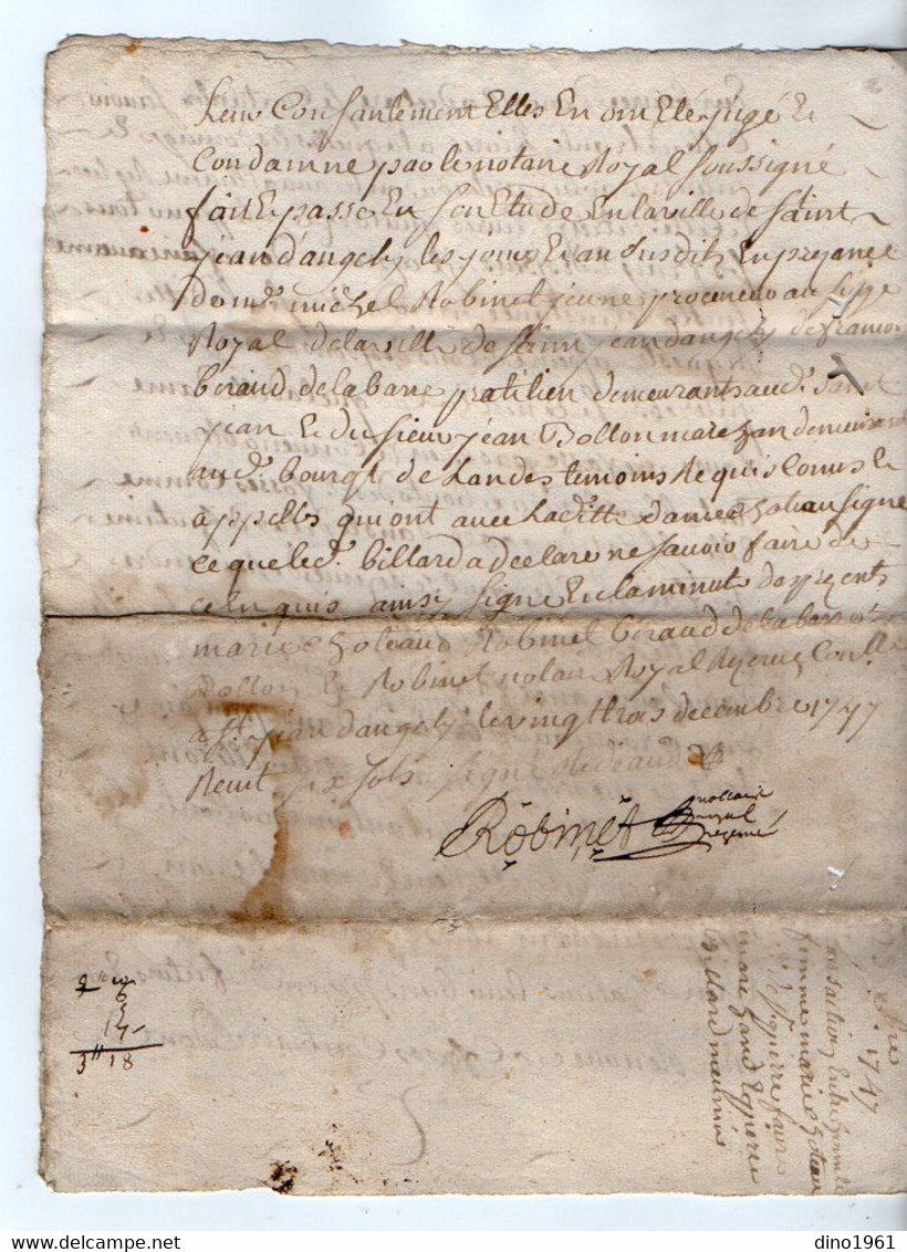 VP19.306 - Cachet De Généralité De LA ROCHELLE - Acte De 1747 Concernant Mr P. BILLARD Au Moulin De Pallut à LANDES - Gebührenstempel, Impoststempel