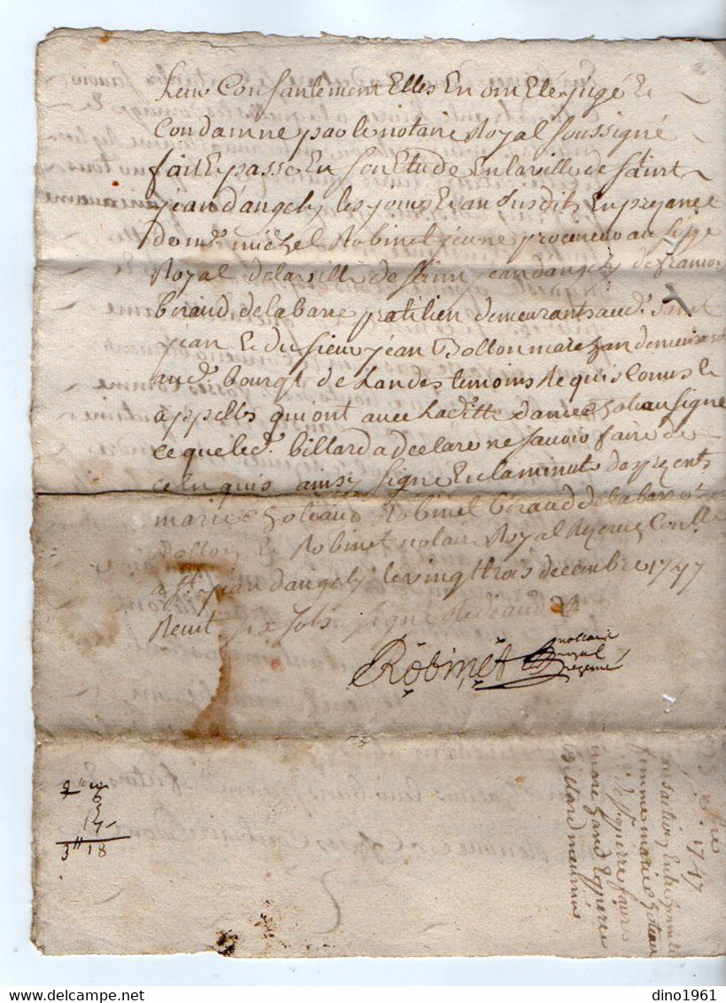 VP19.306 - Cachet De Généralité De LA ROCHELLE - Acte De 1747 Concernant Mr P. BILLARD Au Moulin De Pallut à LANDES - Cachets Généralité