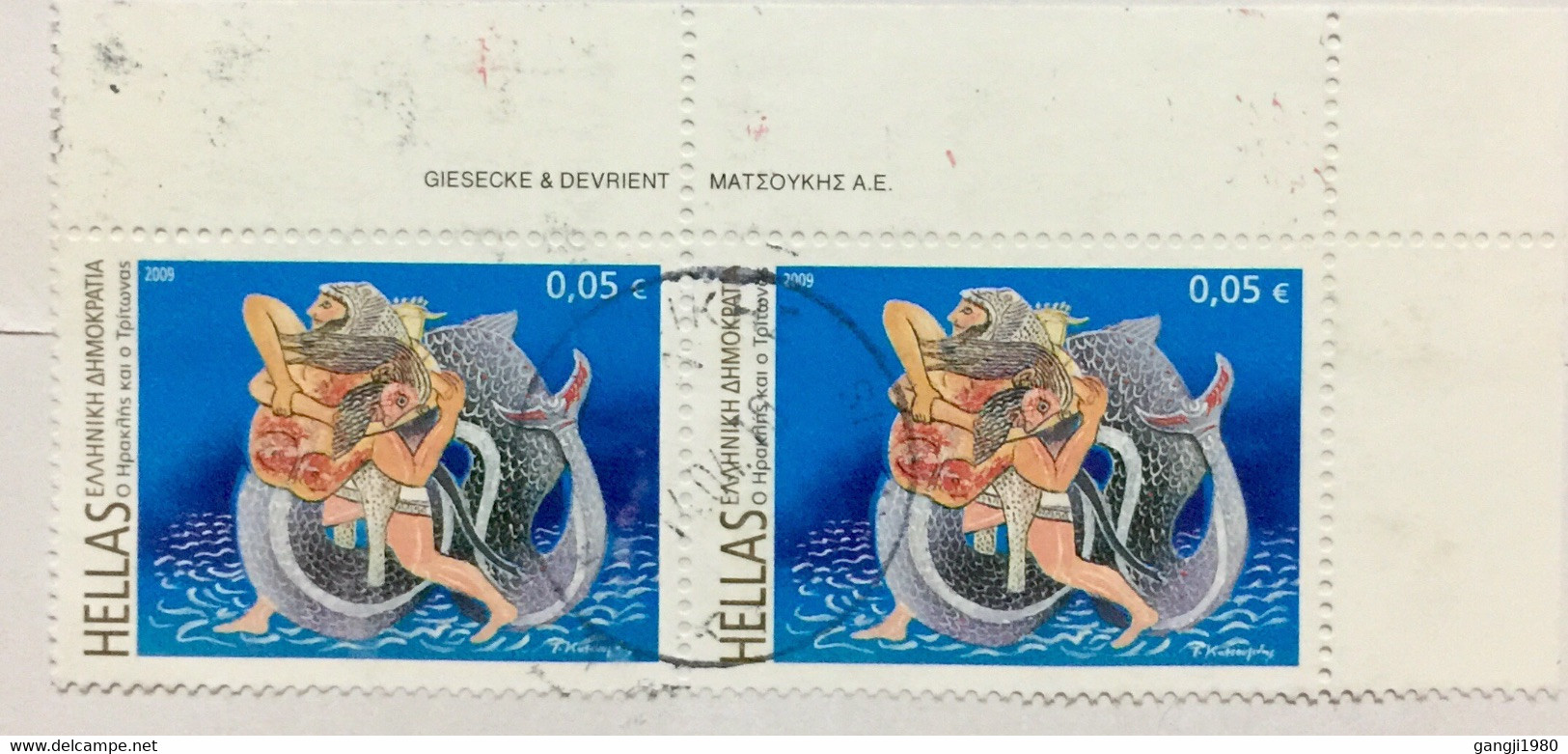 GREECE 2009, USED 4 STAMPS REGISTERED COVER TO U.K ,SHIP BALLON ,EUROPA,ART ,FISH,MAN ,WOMEN,PAINTING ART ,SEA ,WATER ,T - Covers & Documents