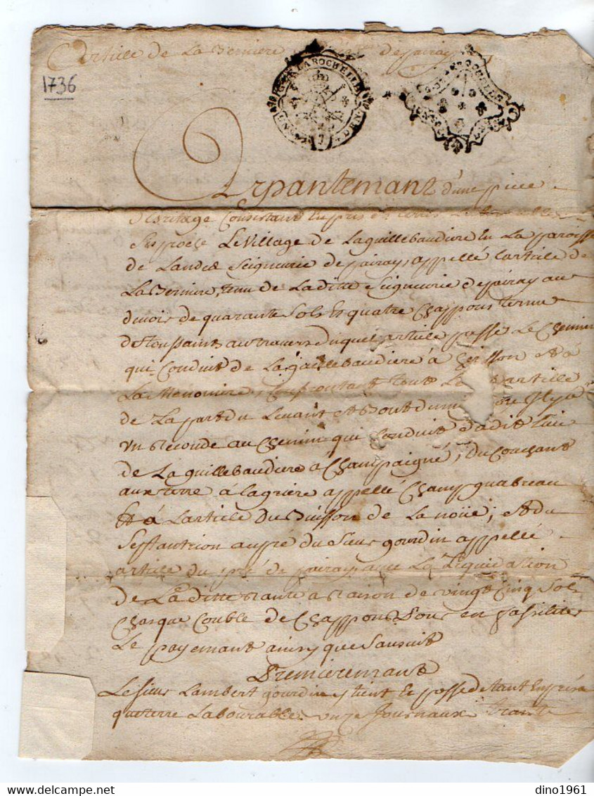 VP19.308 - Cachet De Généralité De LA ROCHELLE - Acte De 1736 - Arpentement - LANDES - Algemene Zegels