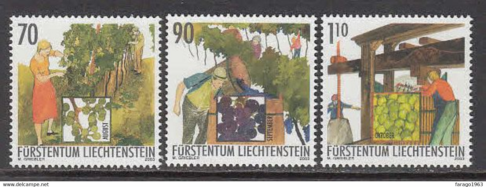 2003 Liechtenstein Viticulture Wine Grapes Vin Alcohol Series III Complete Set Of 3 MNH @ BELOW FACE VALUE - Nuevos