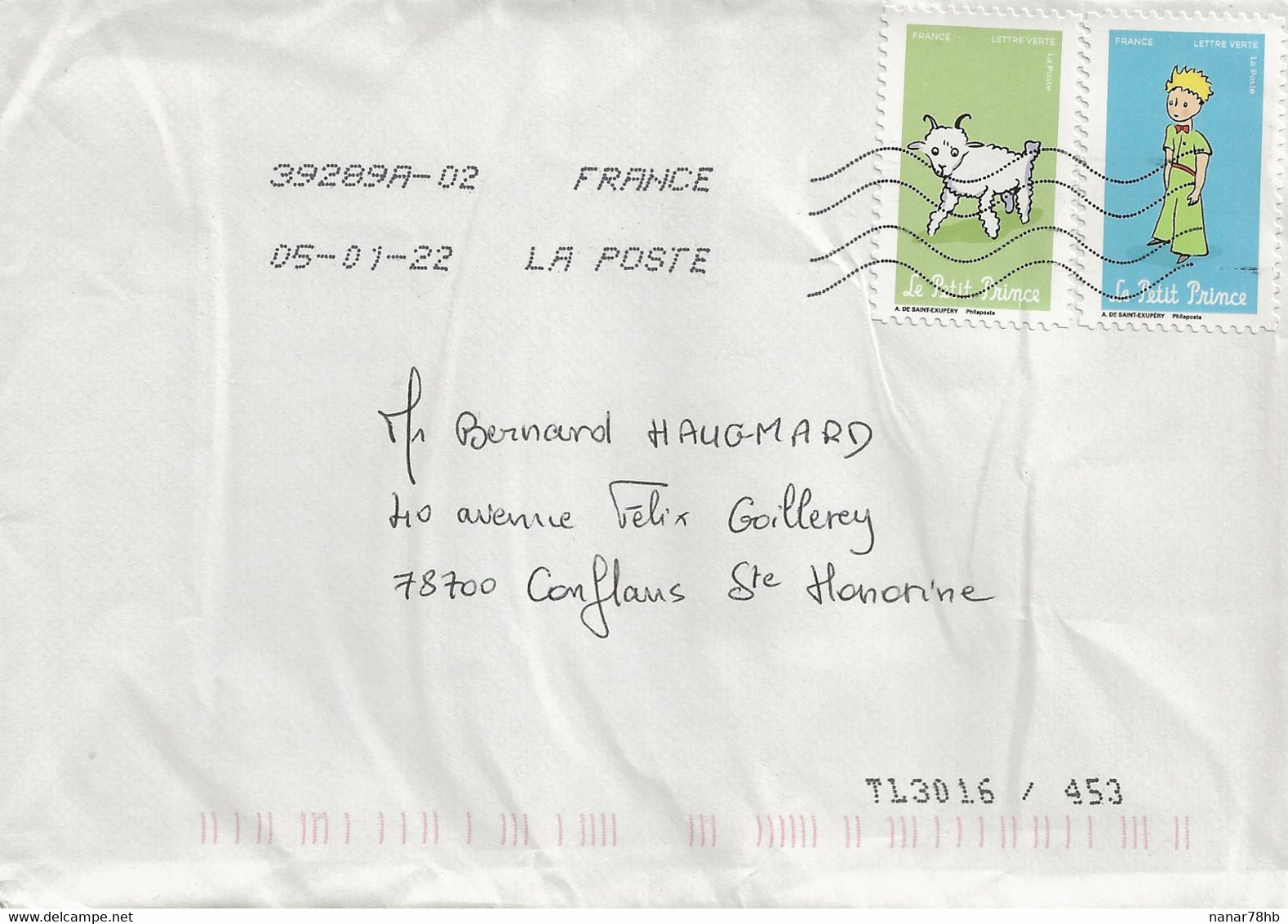 Lettre Avec Deux Timbres Adhésifs A2001 Et A2002 Du Carnet Le Petit Prince (oblitération Du 05/01/2022) - Storia Postale
