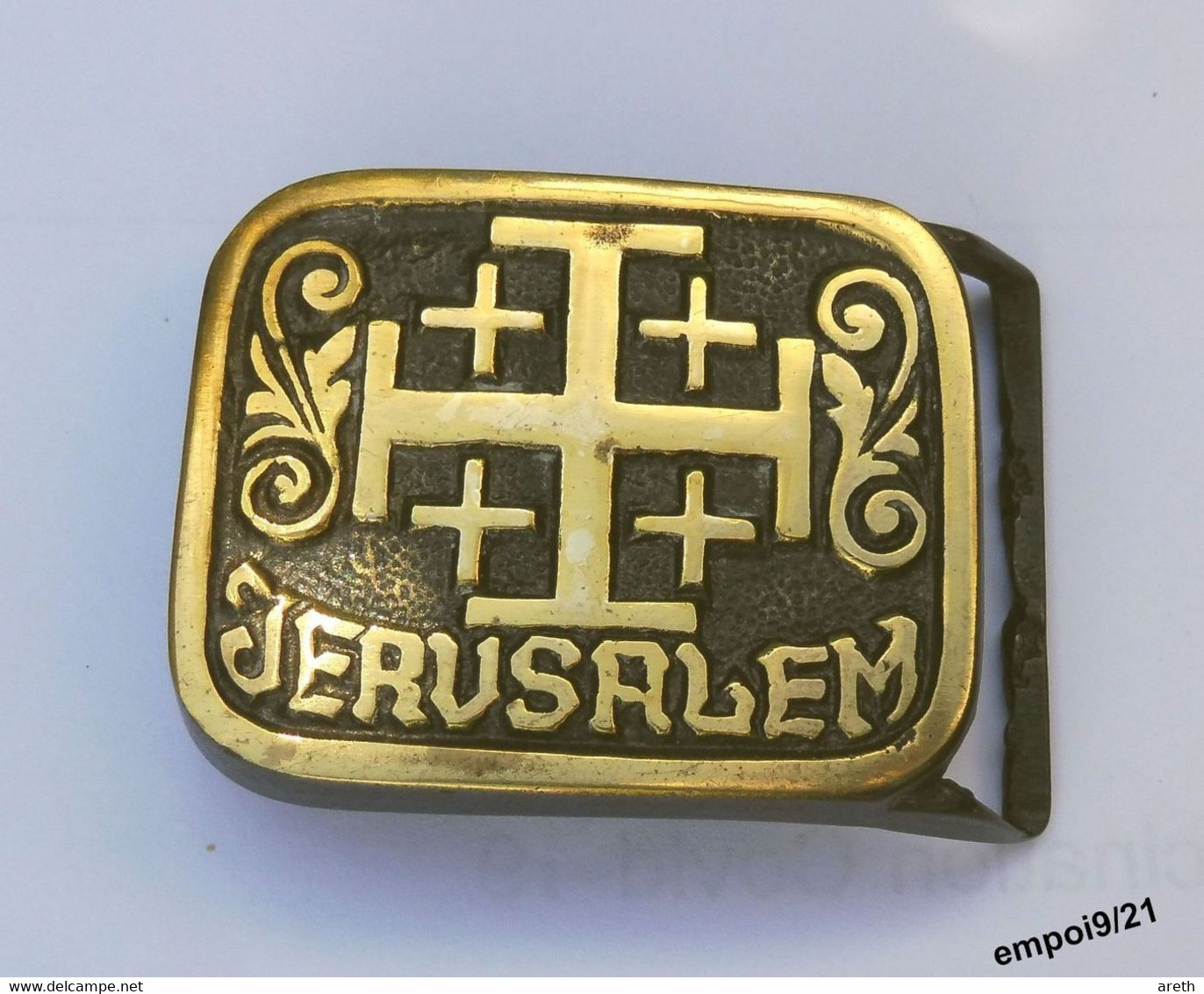 Ancienne Boucle De Ceinture En Laiton - JERUSALEM Et Armoiries - Gürtel & -schnallen