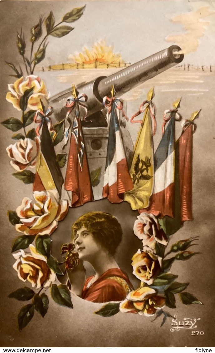 Patriotisme - Femme De Militaire Contemplant Un Canon Et Les Drapeaux Des Alliés - Patriotique - Ww1 War - Patriotic