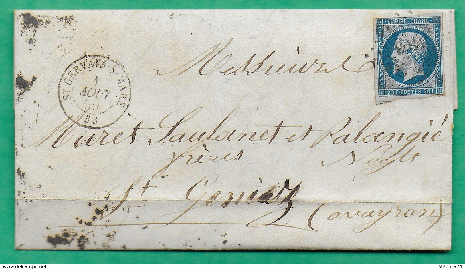 N°14 PC 3103 ST GERVAIS SUR MARE HERAULT POUR ST GENIEZ AVEYRON 1859 LETTRE COVER FRANCE - 1849-1876: Classic Period