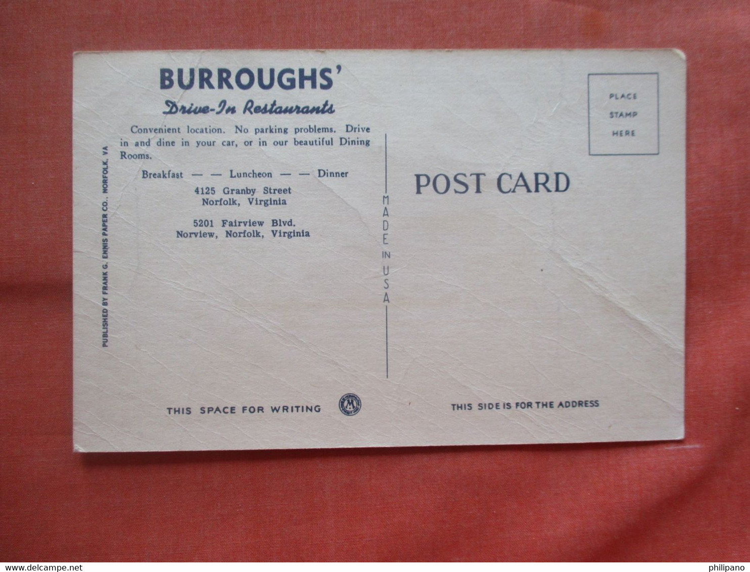 Burrough's Drive In Restaurant.   Has Crease-----Norfolk  Virginia > Norfolk        Ref 5503 - Norfolk