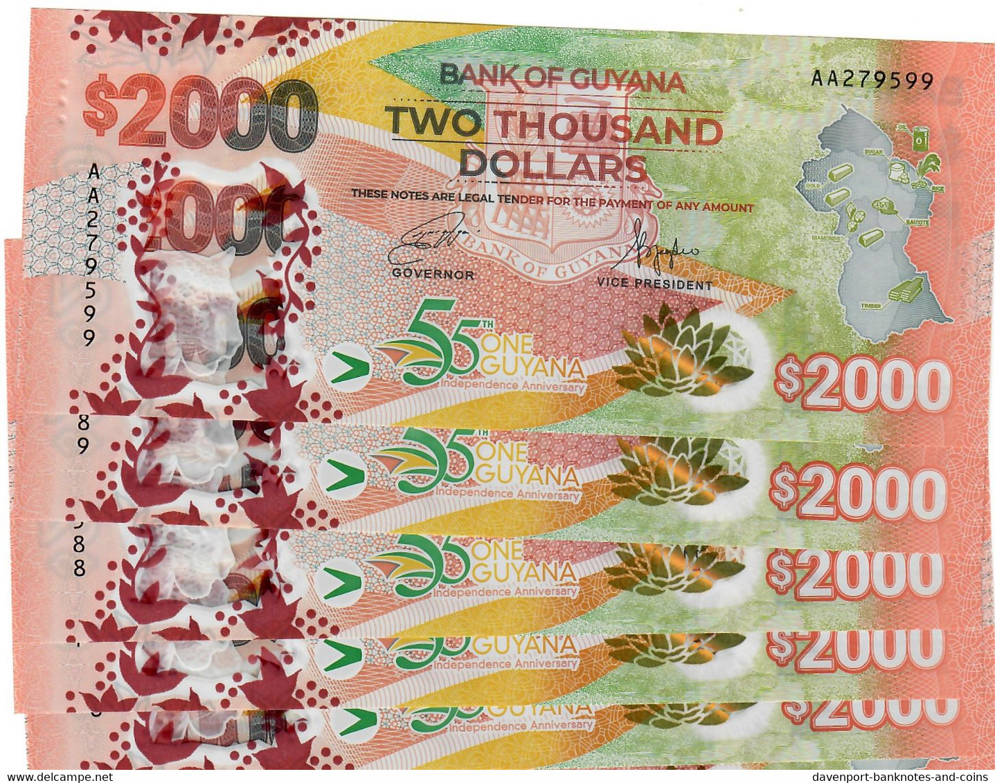 Guyana 5x 2000 Dollars 2022 UNC - Guyana