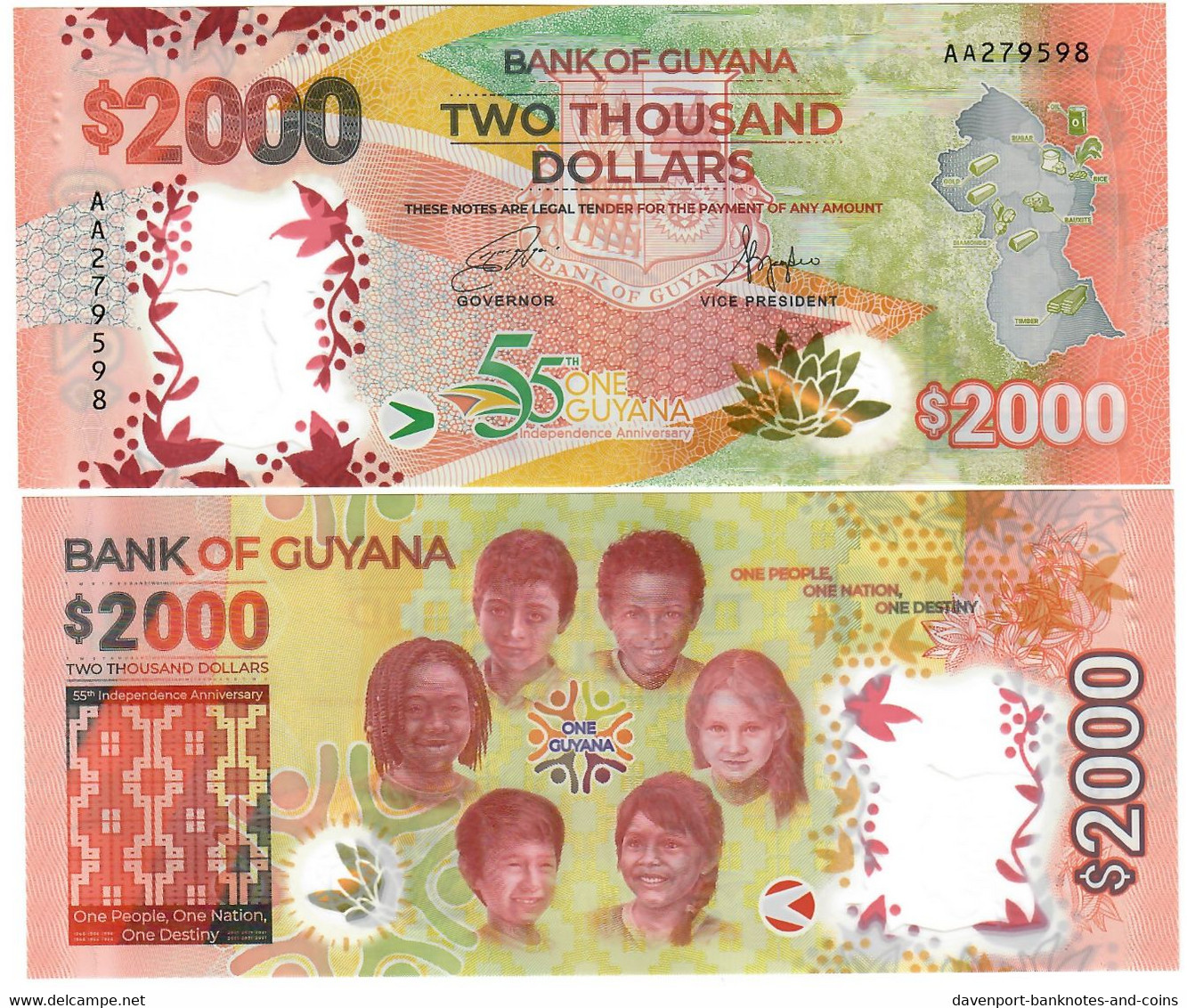 Guyana 5x 2000 Dollars 2022 UNC - Guyana