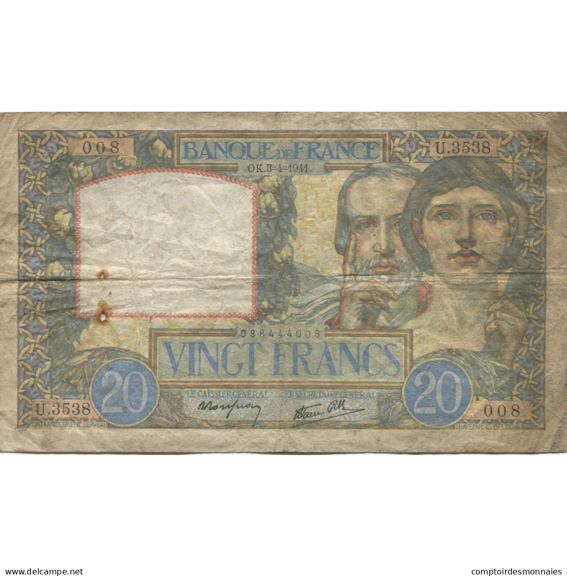 France, 20 Francs, Science Et Travail, 1941, 1941-04-03, TB, Fayette:12.13 - 20 F 1939-1942 ''Science Et Travail''