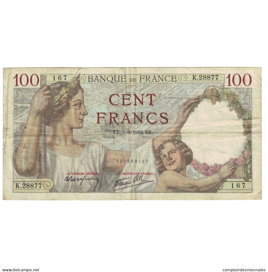 France, 100 Francs, Sully, 1942, K.28877, TB, Fayette:26.67, KM:94 - 100 F 1939-1942 ''Sully''