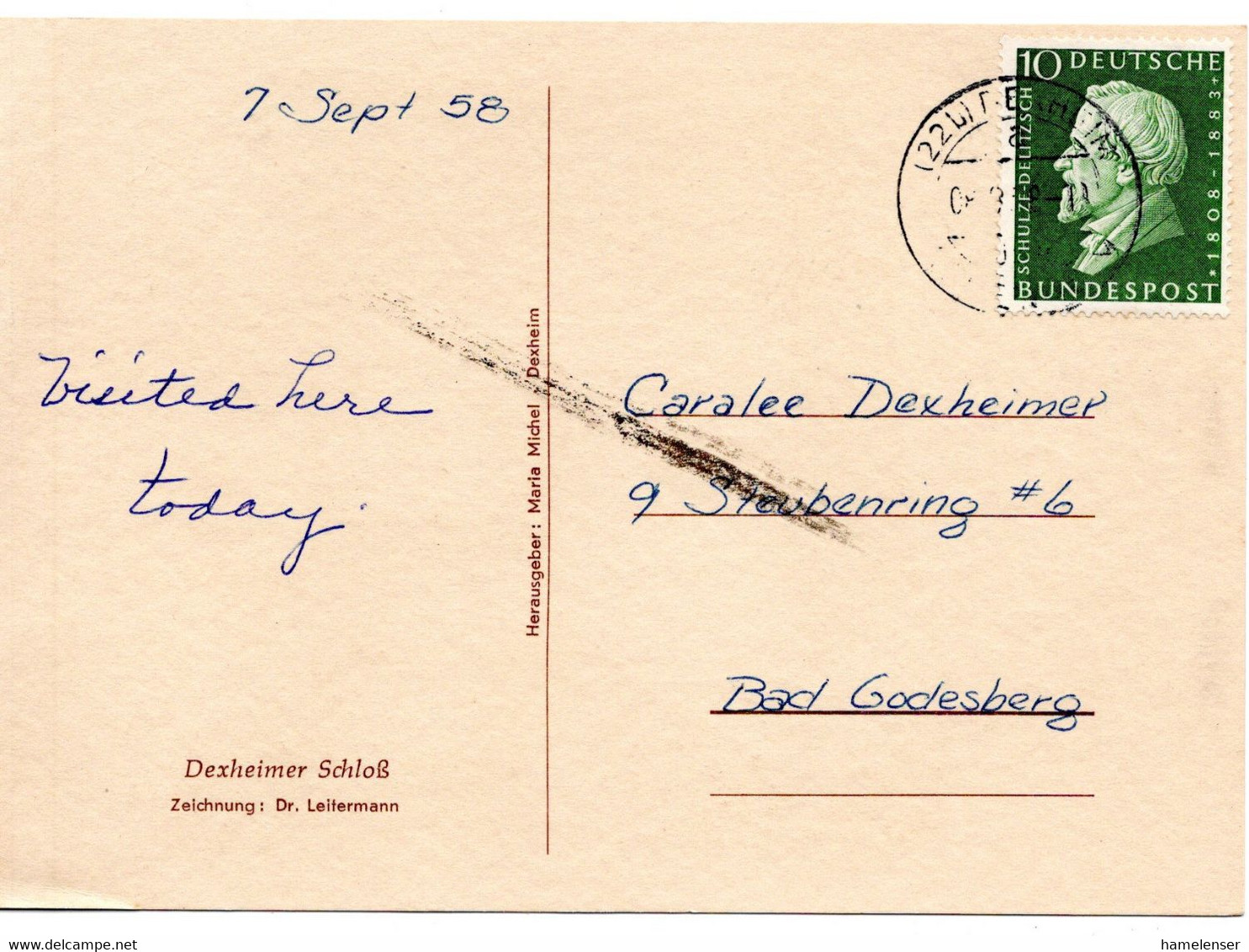 56951 - Bund - 1958 - 10Pfg. Schulze-Delitzsch EF A AnsKte DEXHEIM -> Bad Godesberg - Covers & Documents