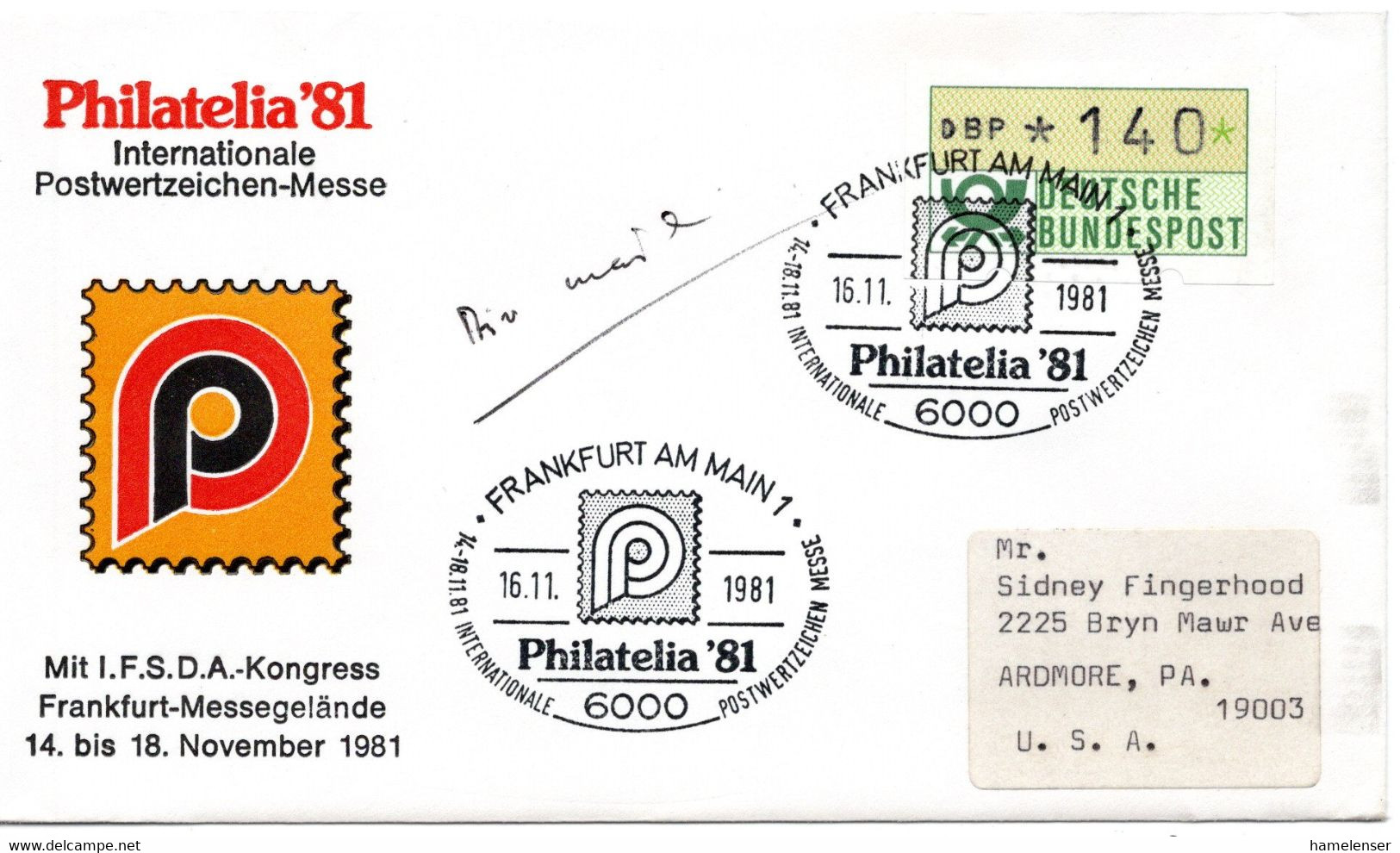 56954 - Bund - 1981 - 140Pfg. ATM EF A LpBf FRANKFURT - PHILATELIA 1981 -> Ardmore, PA (USA) - Cartas & Documentos