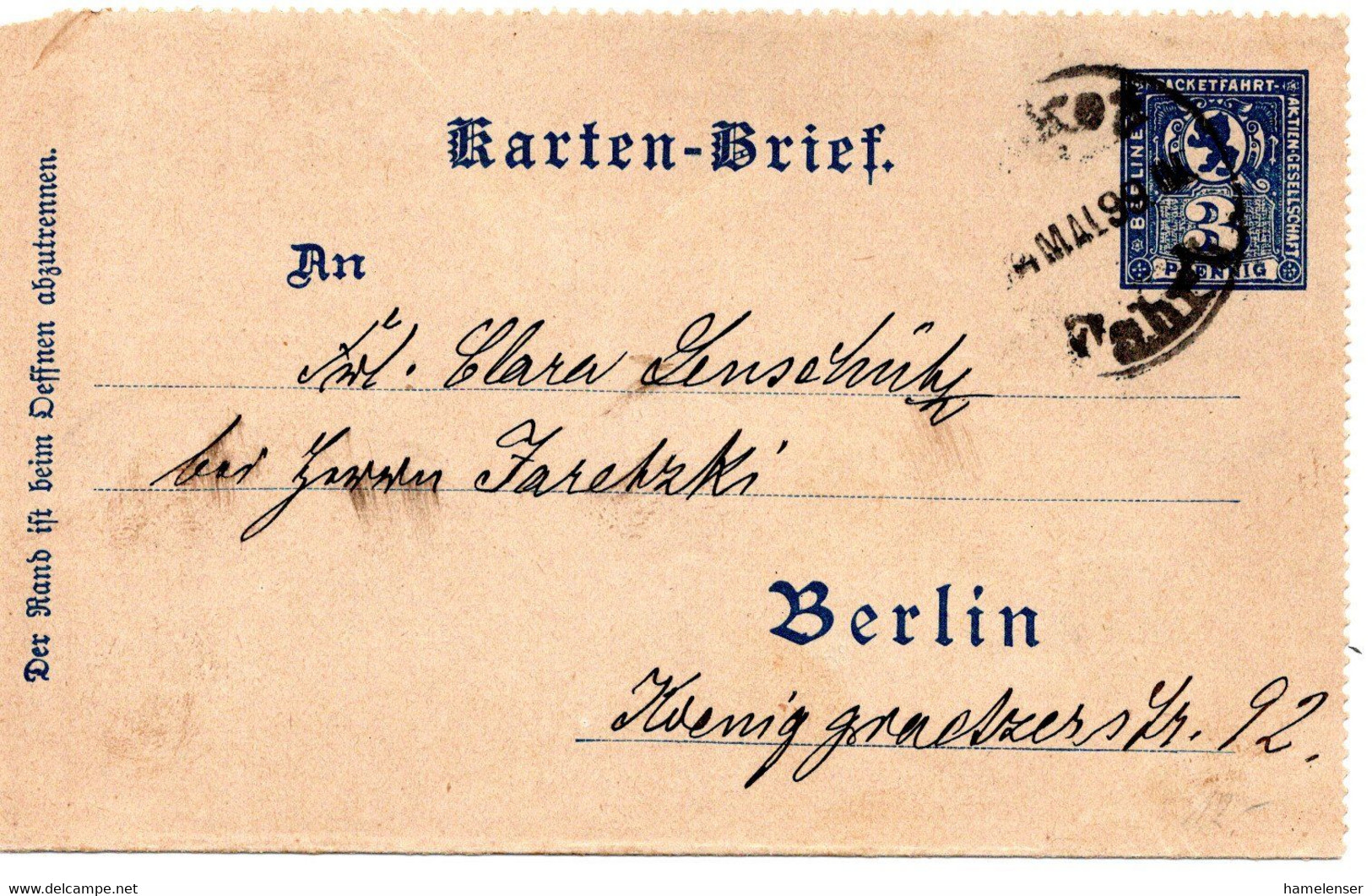 56959 - Deutsches Reich / Privatpost / Berlin - 1899 - 3Pfg. GAKartenbf. PACKETFAHRT - Private & Local Mails