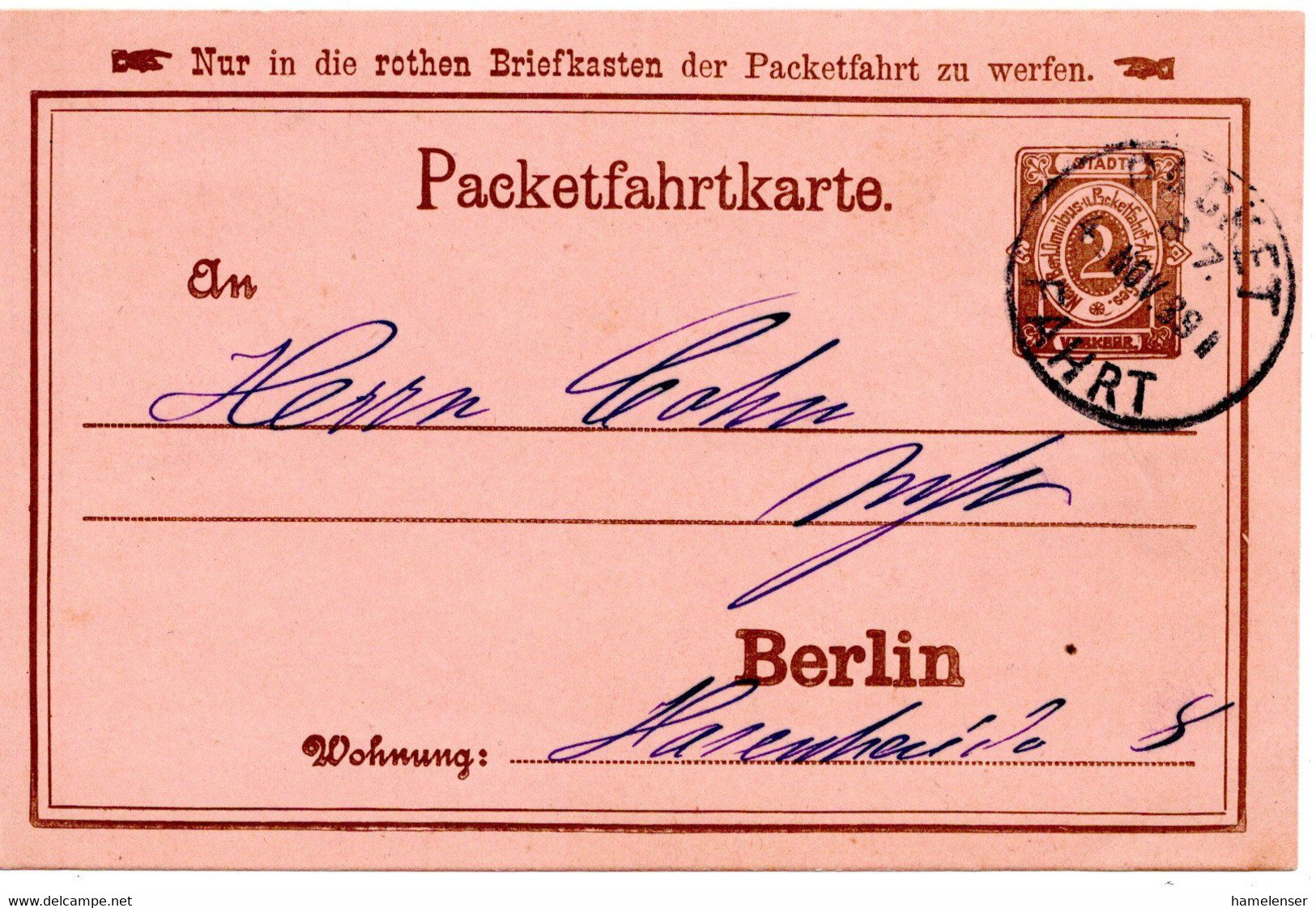56961 - Deutsches Reich / Privatpost / Berlin - 1889 - 2Pfg. GAKte. PACKETFAHRT - Correos Privados & Locales