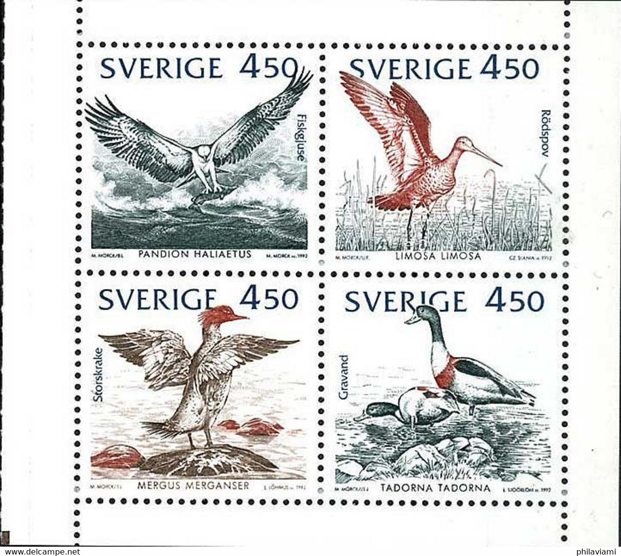 Suède Sweden Schweden 1992 Barge, Tadorne, Black Tail Godwit, Balbuzard, Osprey Fisch Adler (Yvert 1724, Michel 1742) - Other & Unclassified