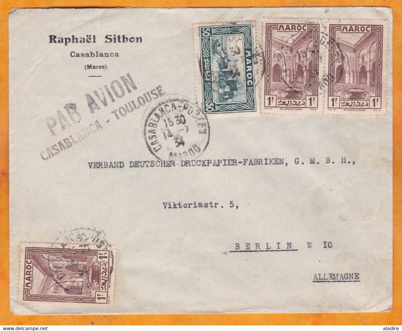 1934 - Enveloppe PAR AVION De Casablanca à Toulouse - Vers BERLIN, Allemagne - Affranchissement 3f50 - Aéreo