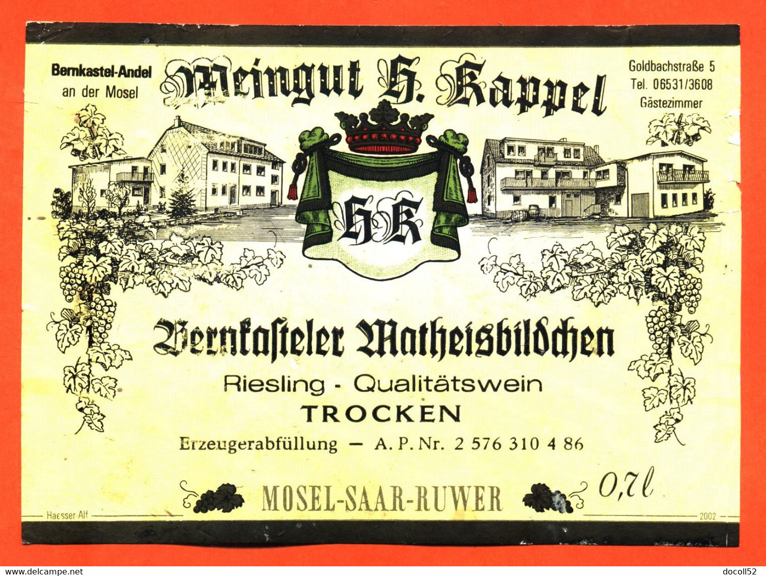 Etiquette De Vin D'alsace Meingut H Kappel Mosel Saar Ruwer Trocken D'allemagne - 70 Cl - Riesling