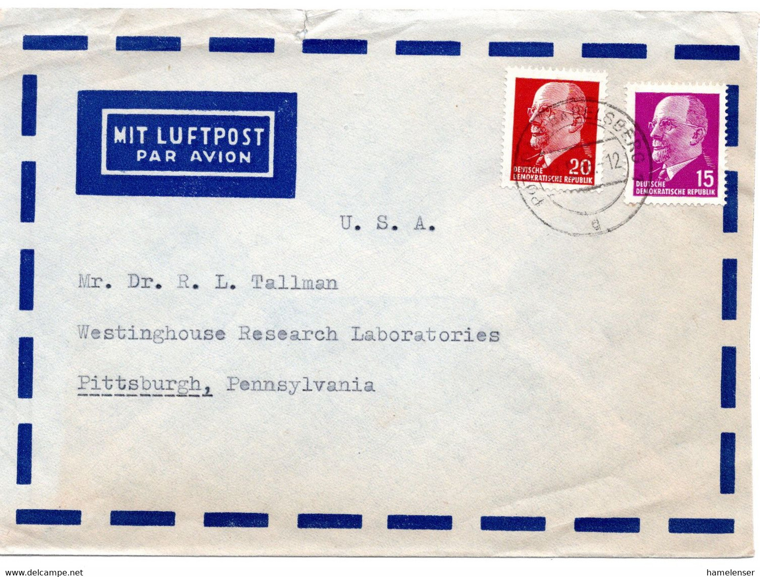 56972 - DDR - 1966 - 15Pfg. & 20Pfg. Ulbricht A LpBf POTSDAM-BABELSBERG -> Pittsburgh, PA (USA) - Storia Postale