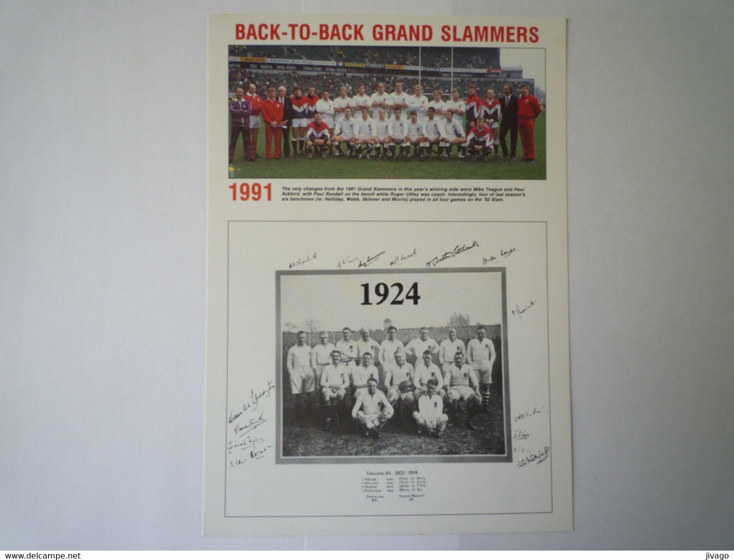 2022 - 1046  RUGBY  :  ENGLAND'S DOUBLE  1992  (format 21 X 15cm)   XXX - Rugby